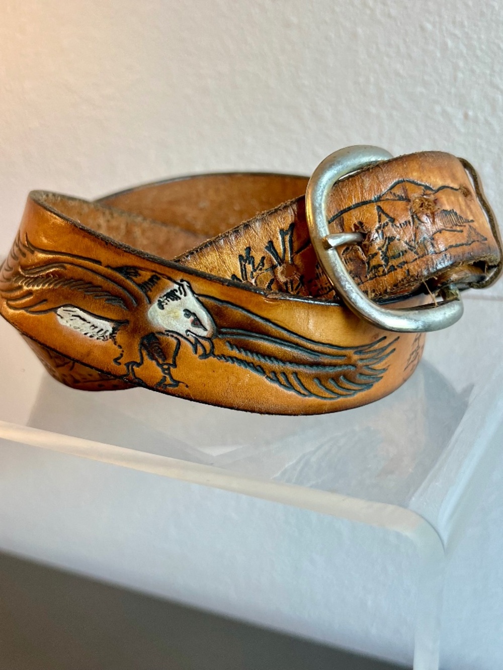 Vintage Tooled Leather Flying Eagle Mountain Belt Western Americana